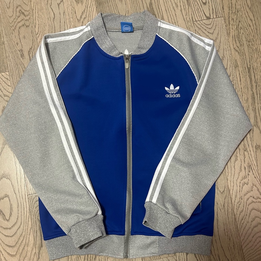 Womens Vintage 80s Adidas Blue and Gray Track Jacket